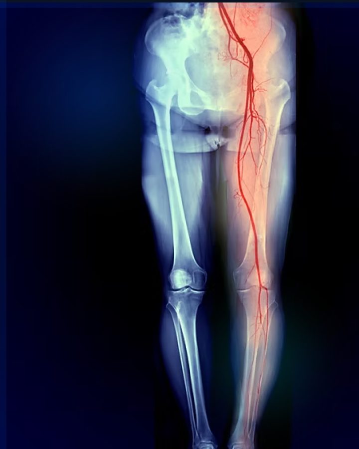 Lower-limb CT angiogram with the arterial tree highlighted